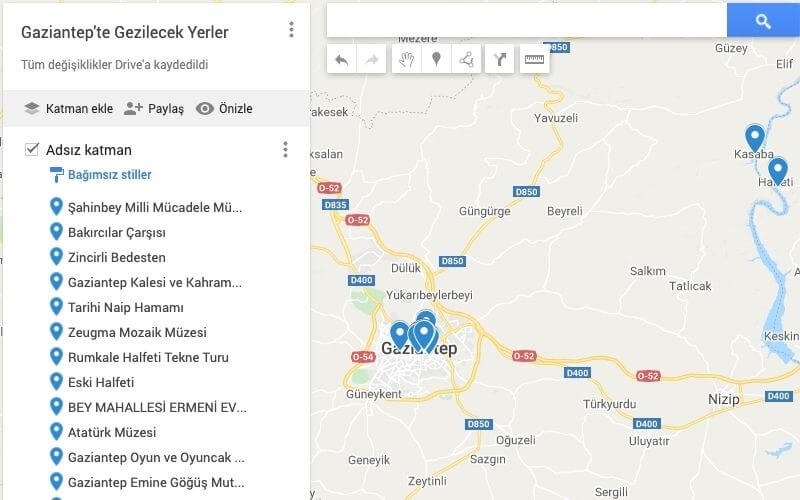 Gaziantep'te Gezilecek Yerler Haritası