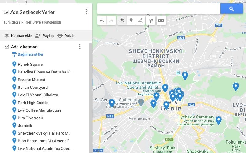 Lviv'de Gezilecek Yerler Haritası